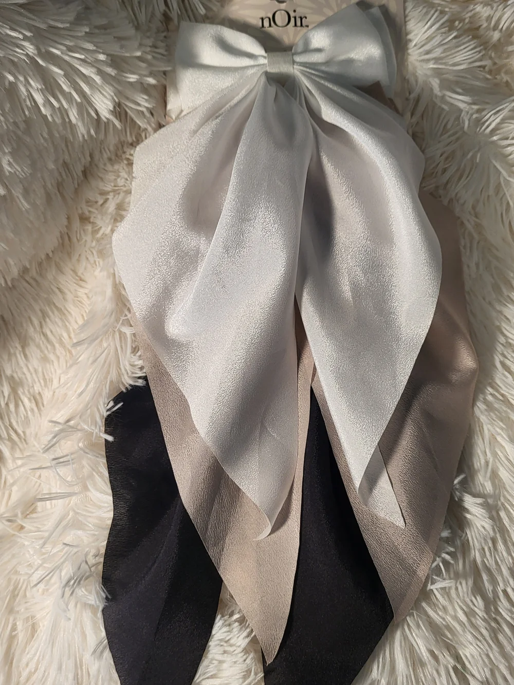nOir Satin Bow Scarf - Ivory, Taupe & Black